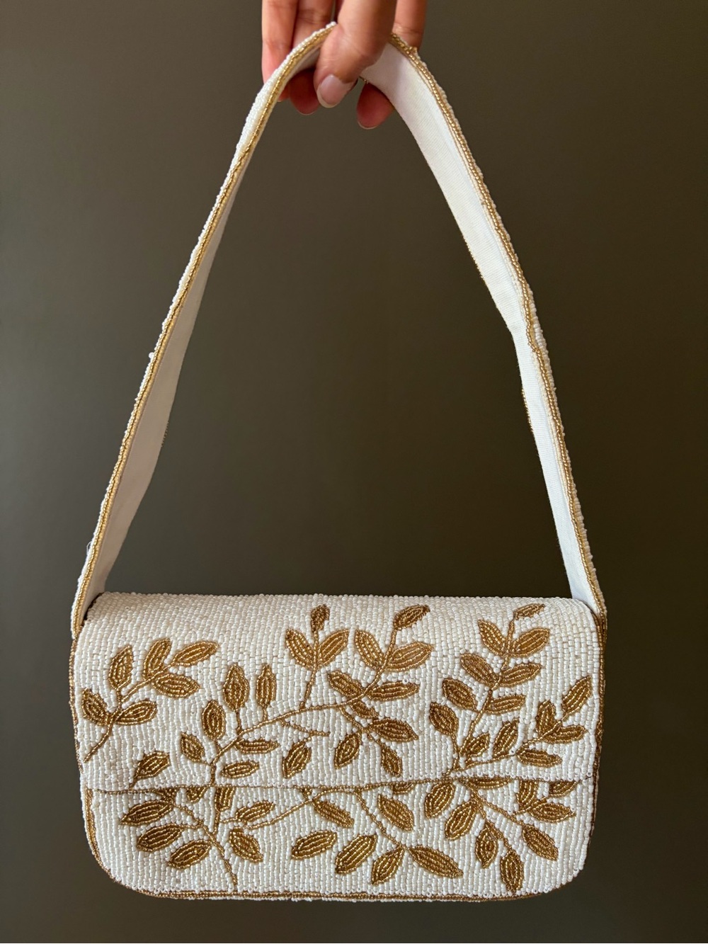 White Beaded Shoulder Bag with Gold Leaf Embroidery